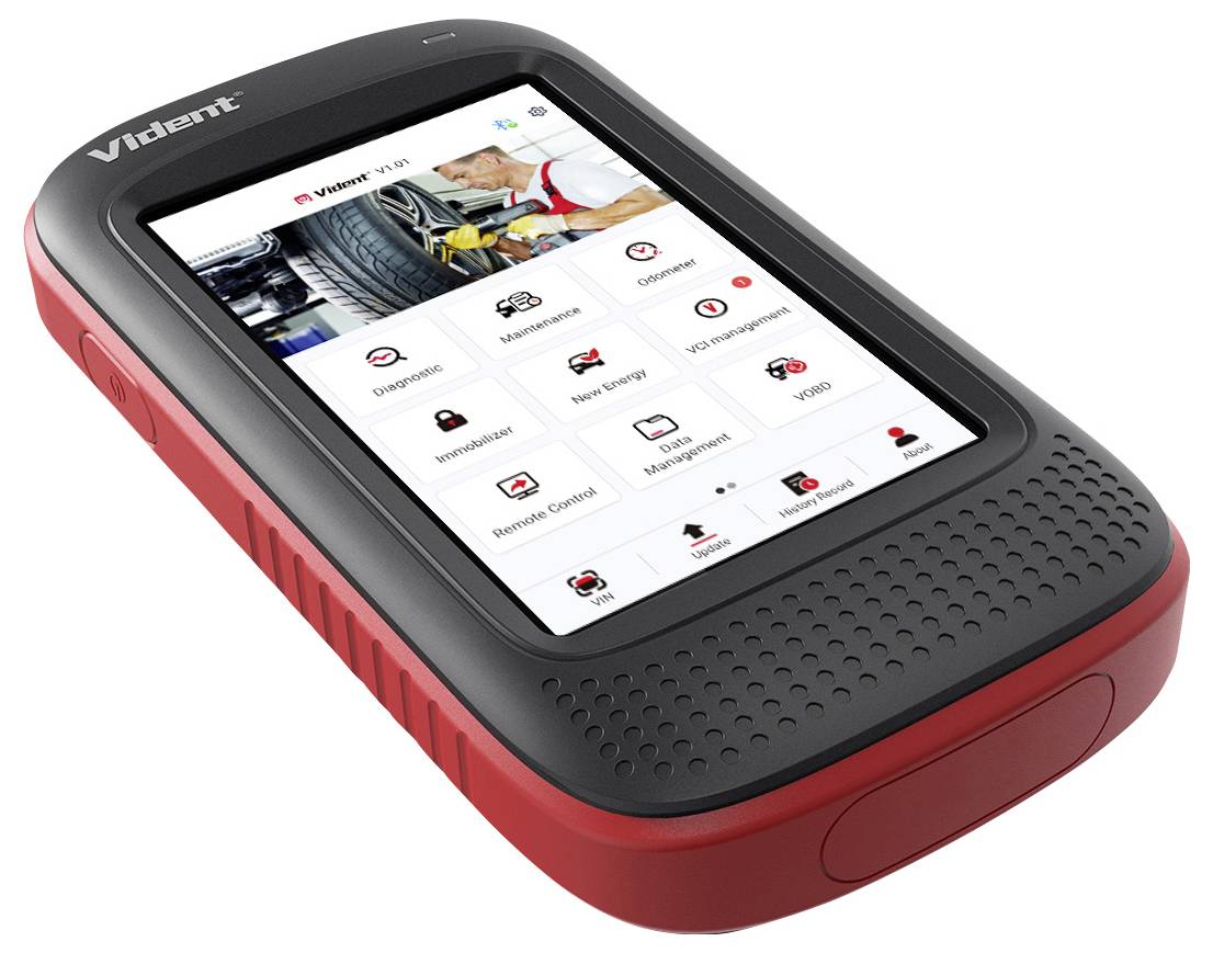 A red diagnostic device with a screen displaying various menu options for vehicle diagnostics and maintenance.