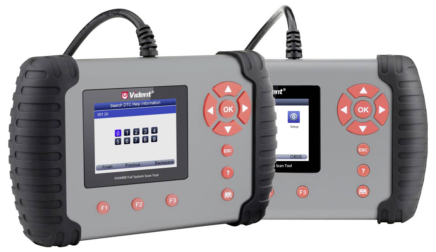 'Two diagnostic devices with screens and buttons for vehicle analysis, included in a tool set.'