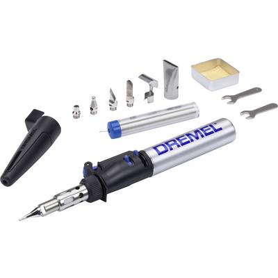 Gas Soldering Iron Set with Accessories: Soldering Tips, Hot Air Nozzle, Solder, Cleaning Sponge and Two Spanners. Tool with Dremel Logo.