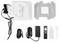 Window cleaning robot with accessories: charging cable, remote control, cleaning cloths, spray bottle and adapter, on white background.