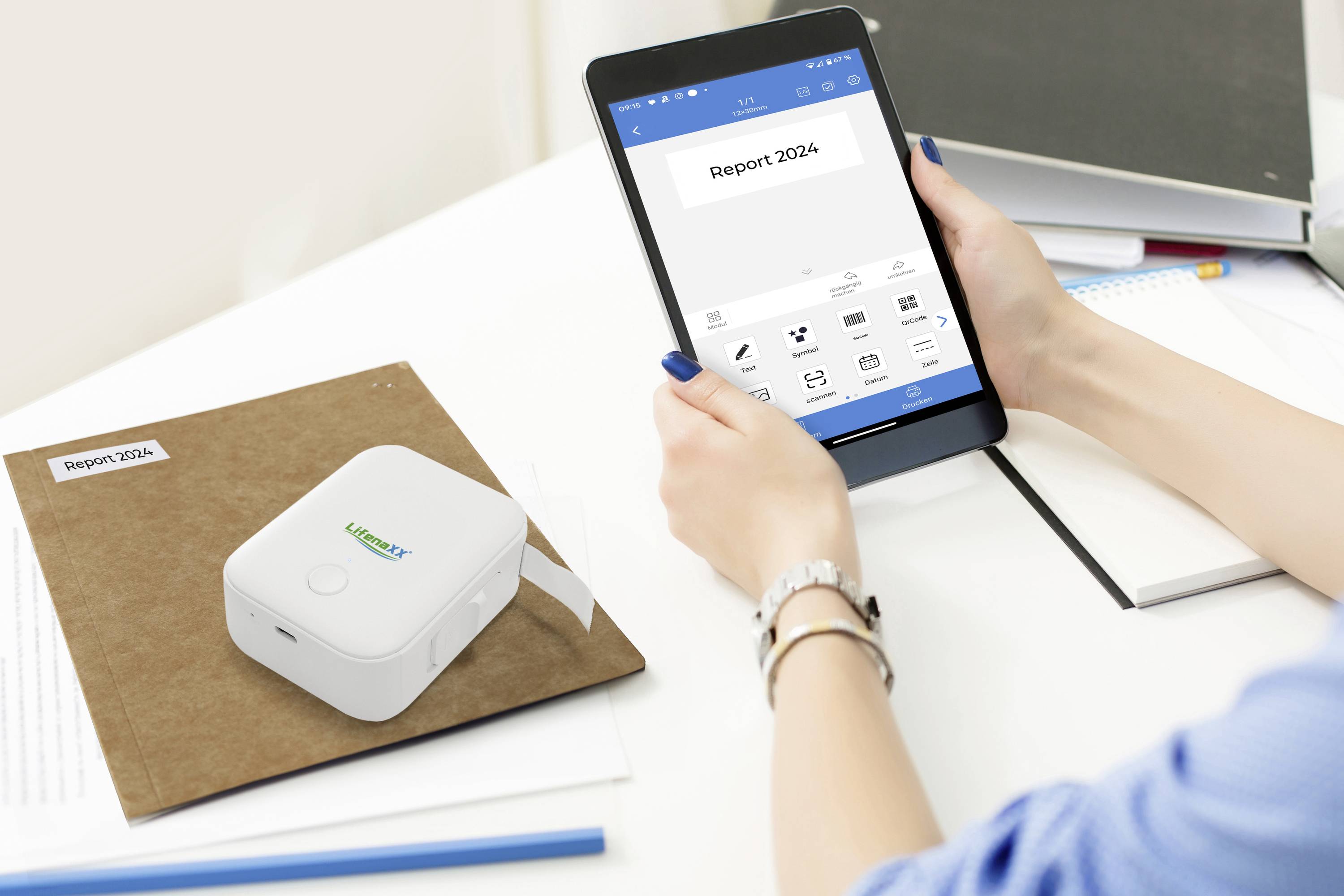 A person is holding a tablet with a report app. A printer sits on a desk, printing 'Report 2024' on paper.