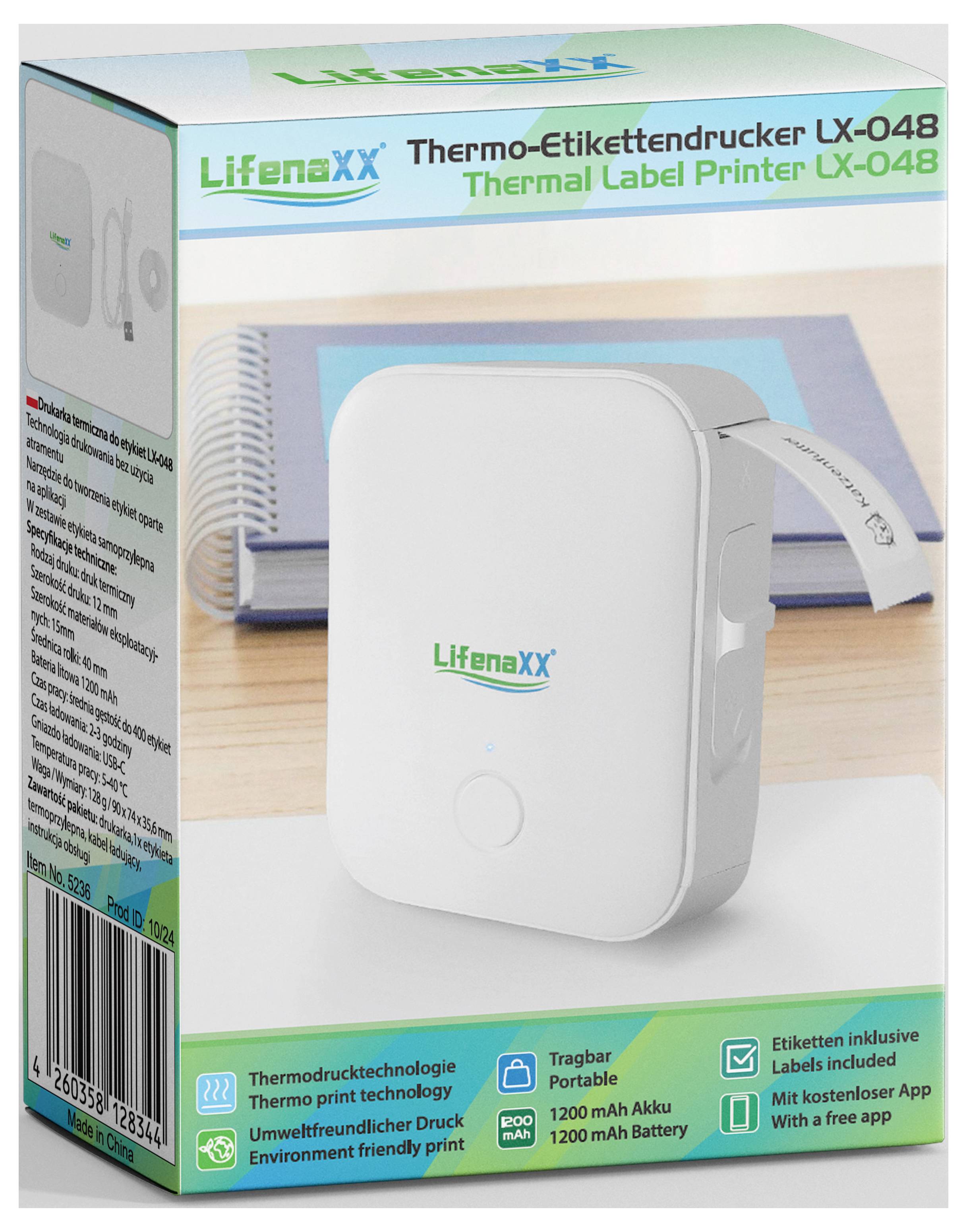 'Thermo-Label Printer LX-048' on packaging; shows white, portable device with printed label. Packaging text: '1200 mAh battery, usable on both sides'.