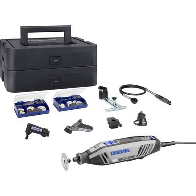 Tool set with a rotary grinding machine by Dremel, various accessories and a black storage case.