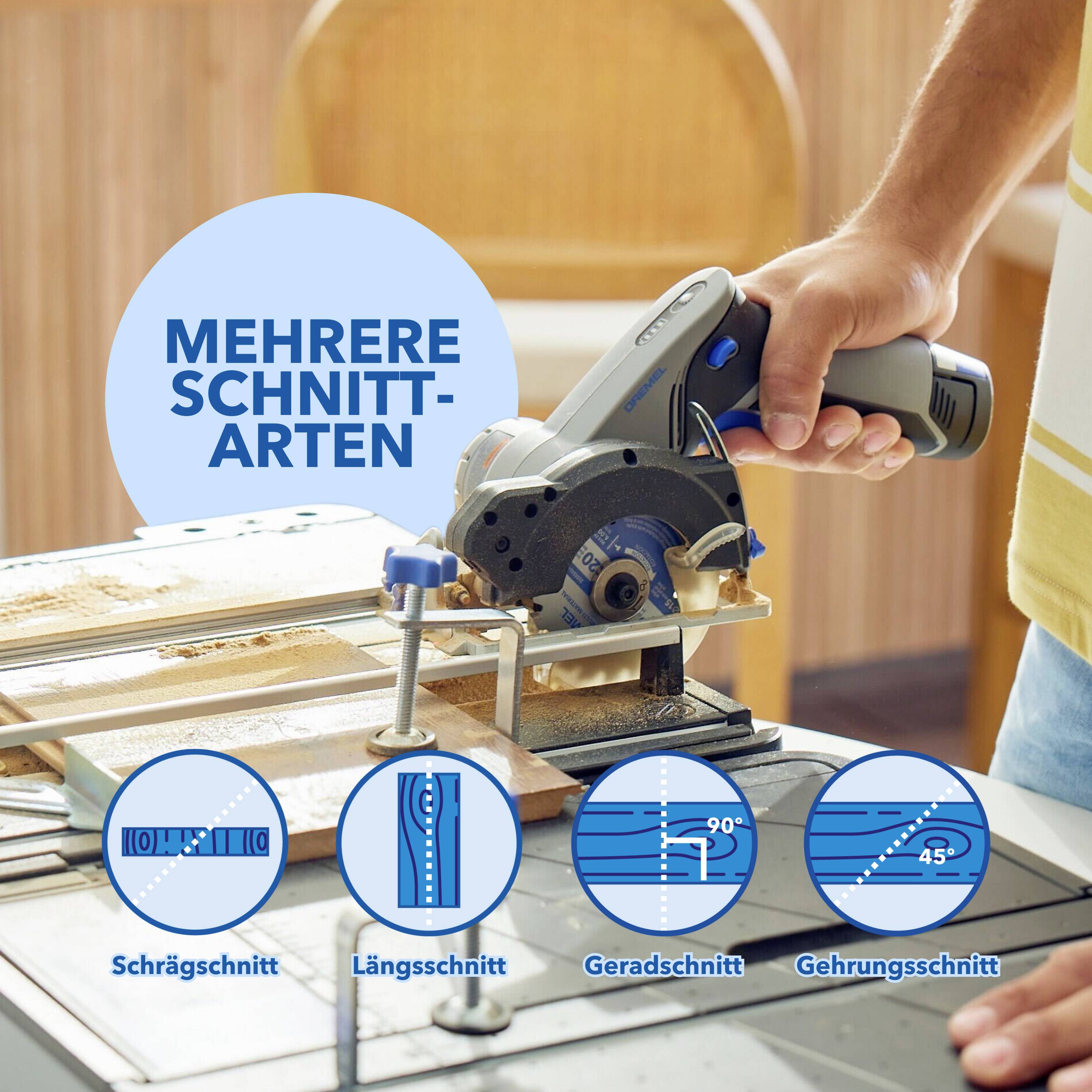 A person is using a handheld circular saw for various cutting types: bevel cut, rip cut, straight cut, mitre cut.