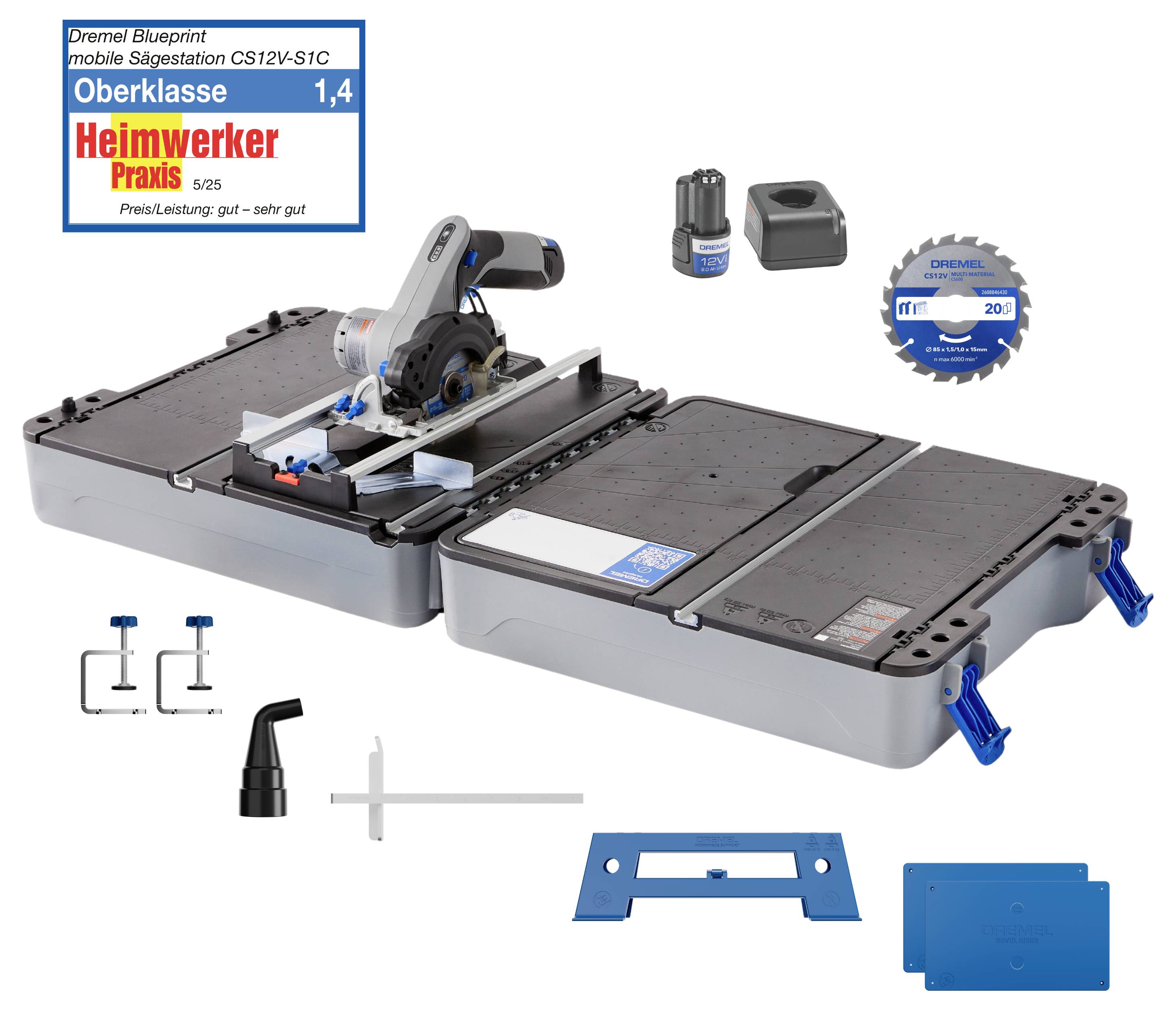 A compact saw system with adjustable clamps, blade, power adapter, and accessories. Suitable for precise cutting tasks and detailed work.
