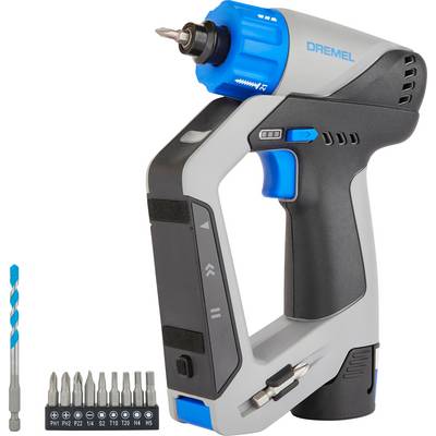 Cordless Screwdriver in Grey-Blue with Bit Set and Drill, ideal for DIY projects. Includes various bits for versatile use.