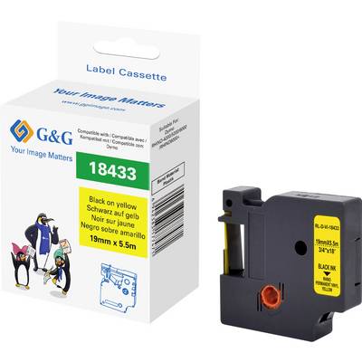 'G&G Label Cassette', black on yellow, 19mm x 5.5m. Packaging displays penguins, text in German, English, French and Spanish.