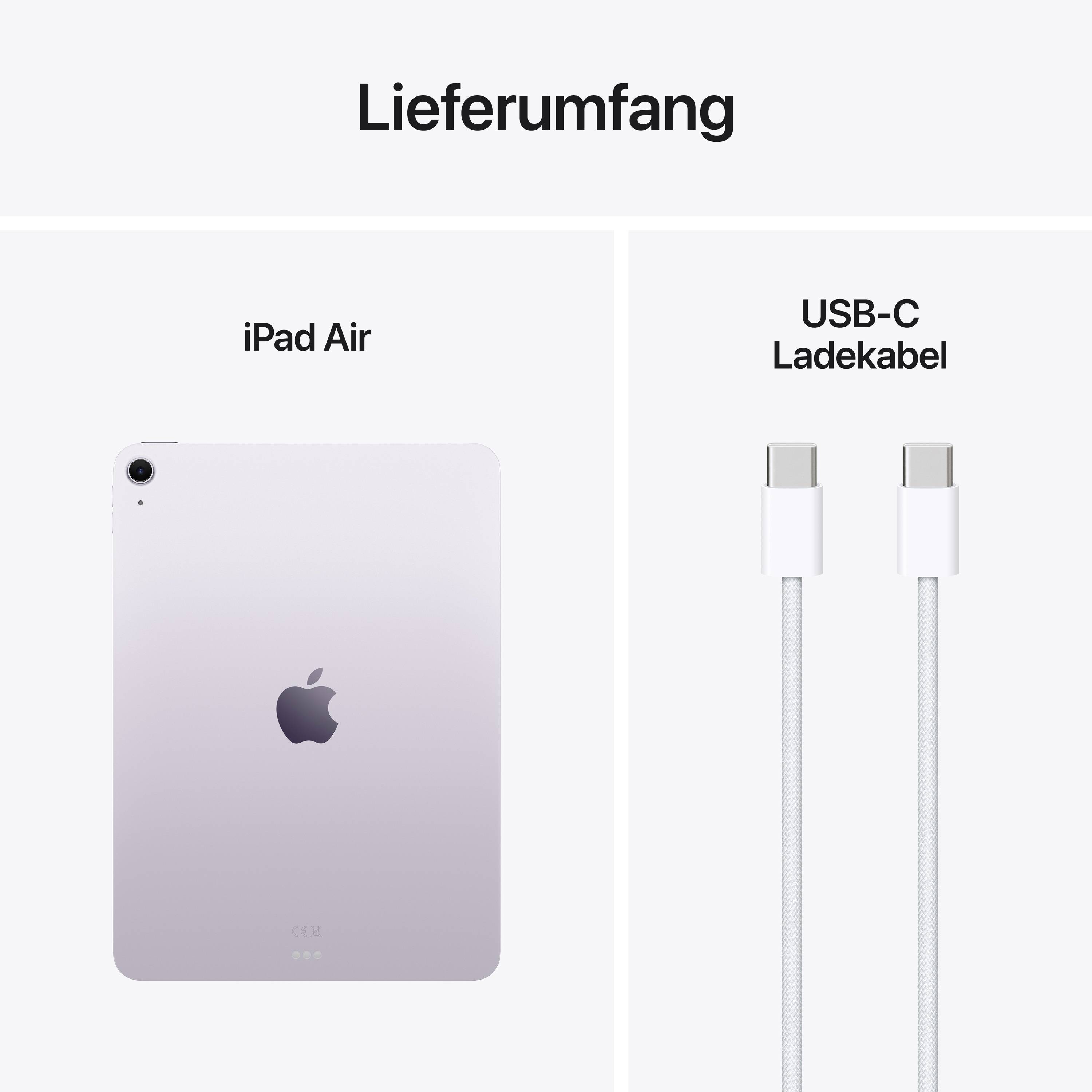 Contents of an iPad Air shown with a USB-C charging cable.