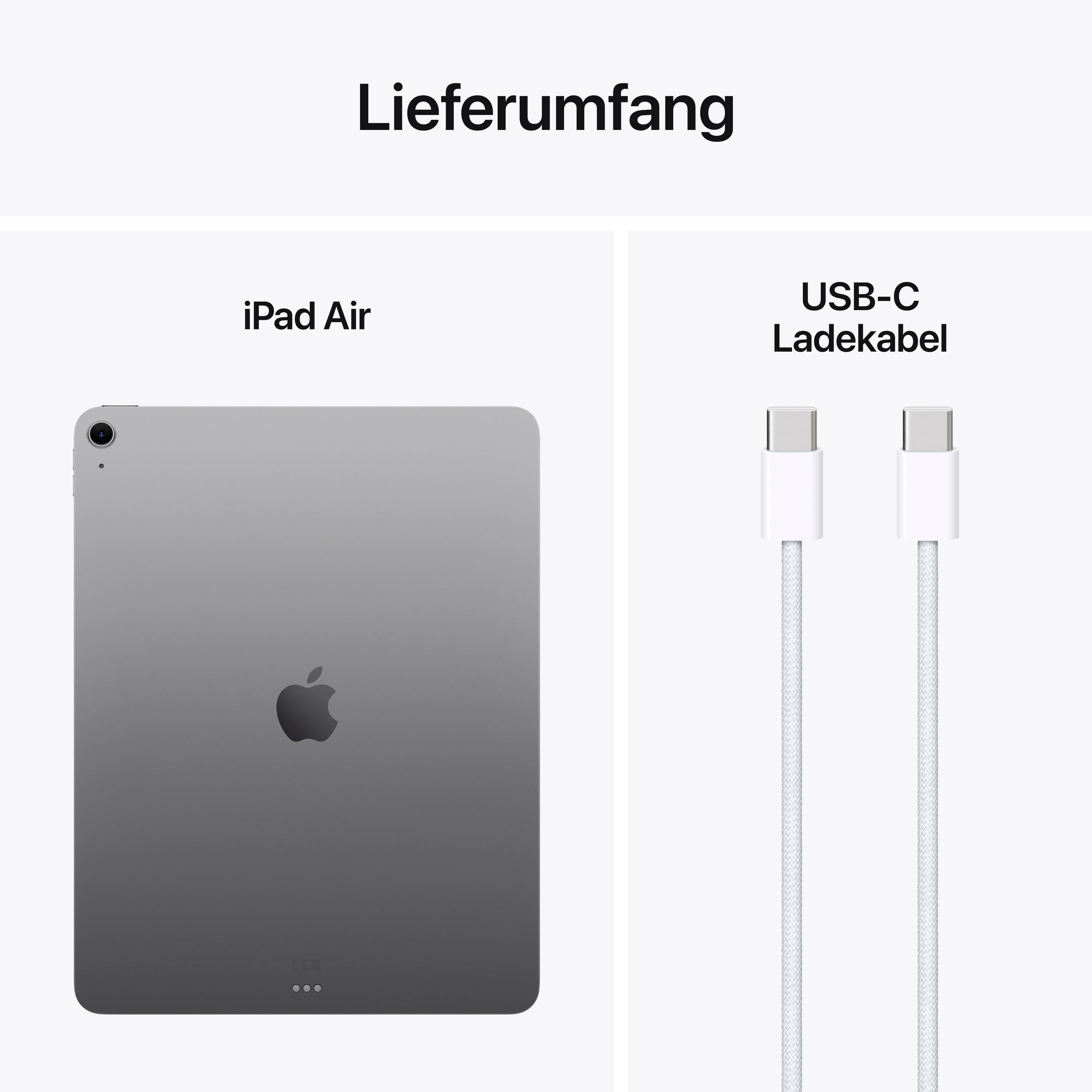 'Contents: iPad Air in Grey alongside a USB-C charging cable'
