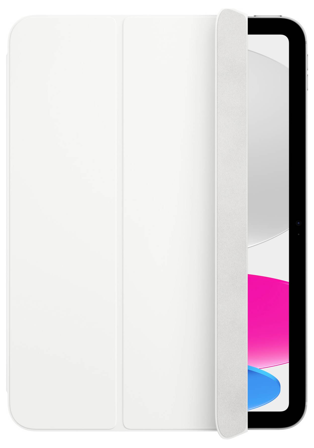 White tablet case with a partially visible tablet displaying a screen with grey and pink colour tones.