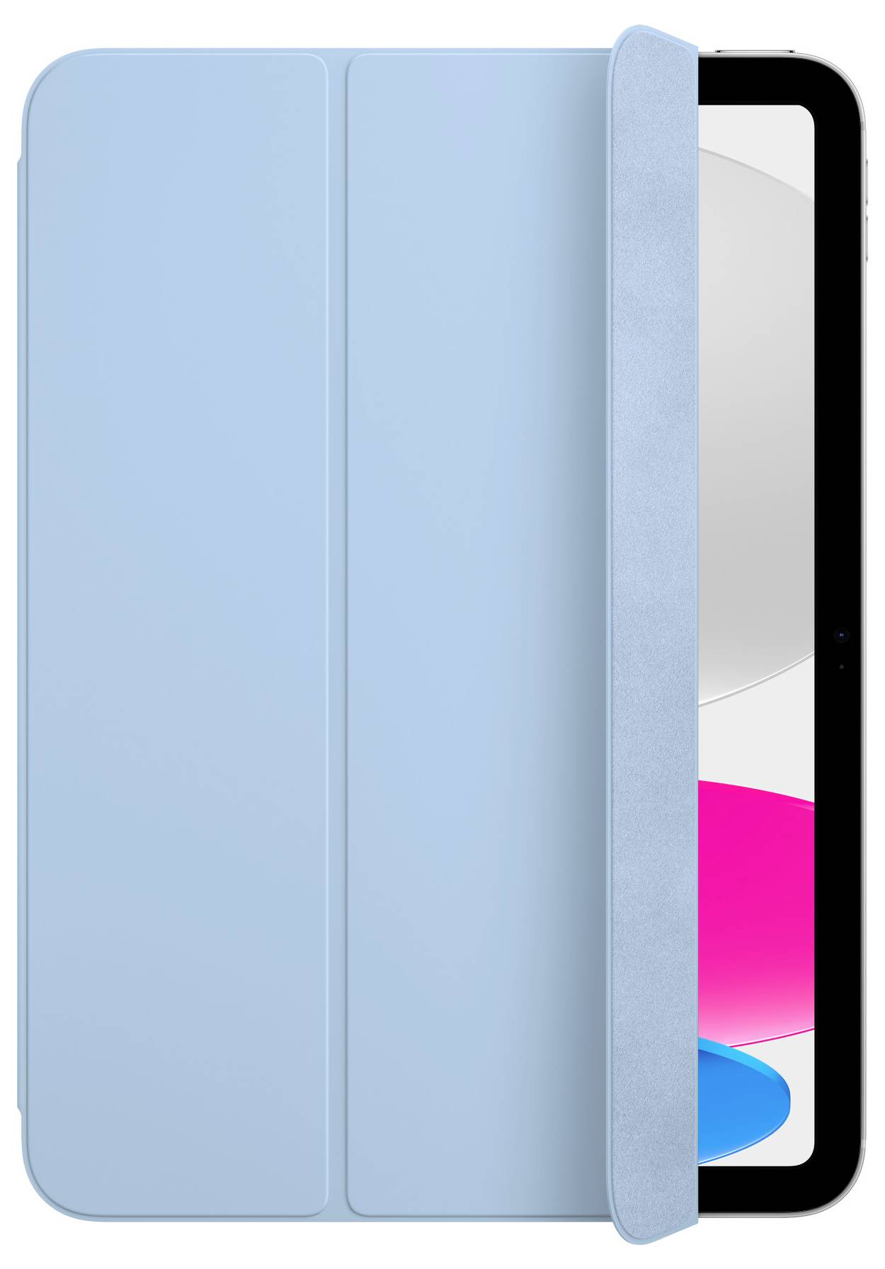 A tablet with a blue protective case, partially opened, shows a white screen bezel and colourful icons on the display.