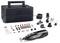 A multifunctional rotary tool set with accessories including grinding discs, drill bits, and attachments. Includes a storage box.
