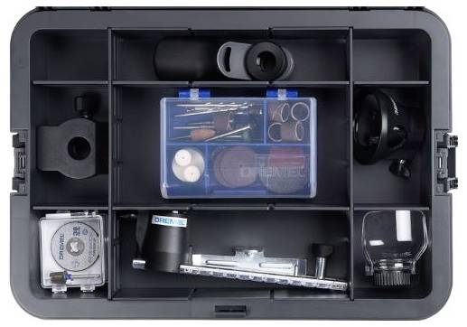 'Tool case with compartments. Contains various tools such as tape measure, sanding accessories, milling attachments and protective equipment.'
