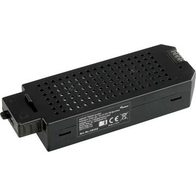 Black, rectangular battery with ventilation slots and electrical connections. Printing shows manufacturer information and article number.