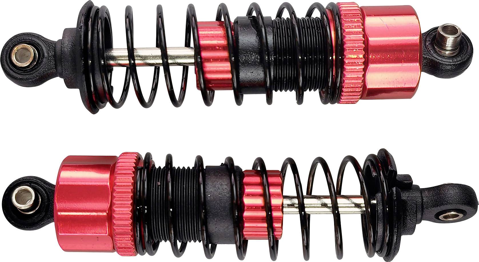 Two red and black shock absorbers for model cars, arranged horizontally side by side.