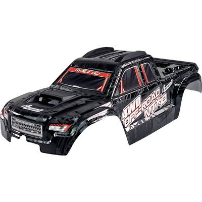 Black bodywork of a remote-controlled off-road truck with the inscription '4WD OFFROAD MOTO'. Includes red and white accents.