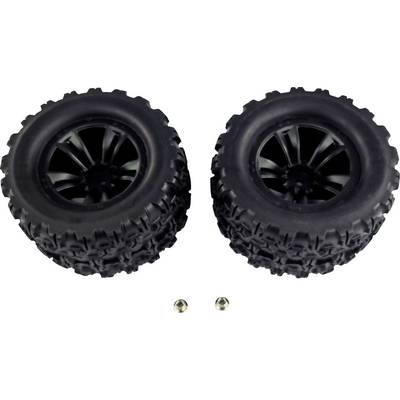 Two black, chunky toy tyres with two mounting nuts underneath. Suitable for remote-controlled cars.