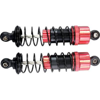 Two red shock absorbers with coil springs and metal mountings at the top and bottom. They are arranged side by side on a white background.