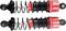 Two red shock absorbers with coil springs and metal mountings at the top and bottom. They are arranged side by side on a white background.