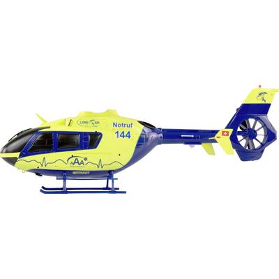 Toy model of a rescue helicopter in blue and yellow, with the inscription 'Emergency Call 144' and 'AAA', side view.