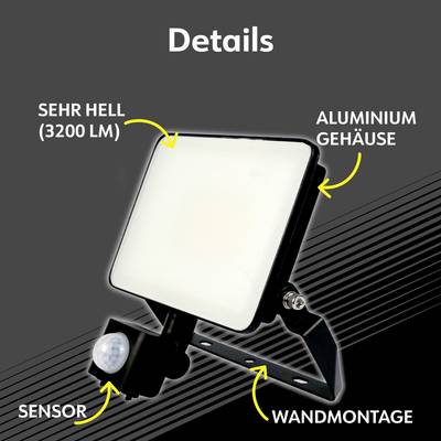 LED floodlight with aluminium housing and wall mounting. Brightness: 3200 lumens. Integrated motion detection sensor.