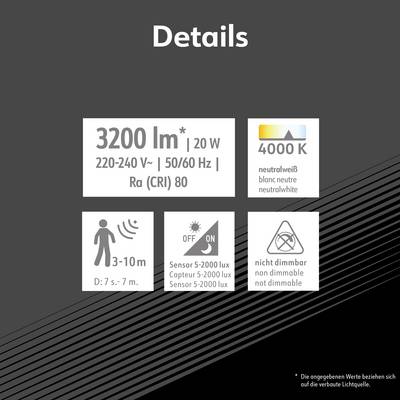 'Details' is shown above. Information: 3200 lumens, 20 watts, 4000 Kelvin, neutral white. Not dimmable. Motion sensor: 3–10 metres, 7 seconds to 7 minutes.