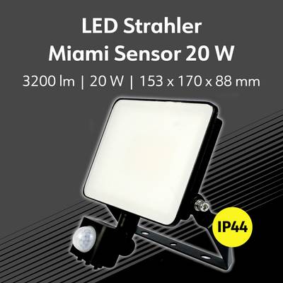 'LED Floodlight Miami Sensor 20 W', 3200 Lumens, 20 Watts, Dimensions 153 x 170 x 88 mm, Protection Class IP44.