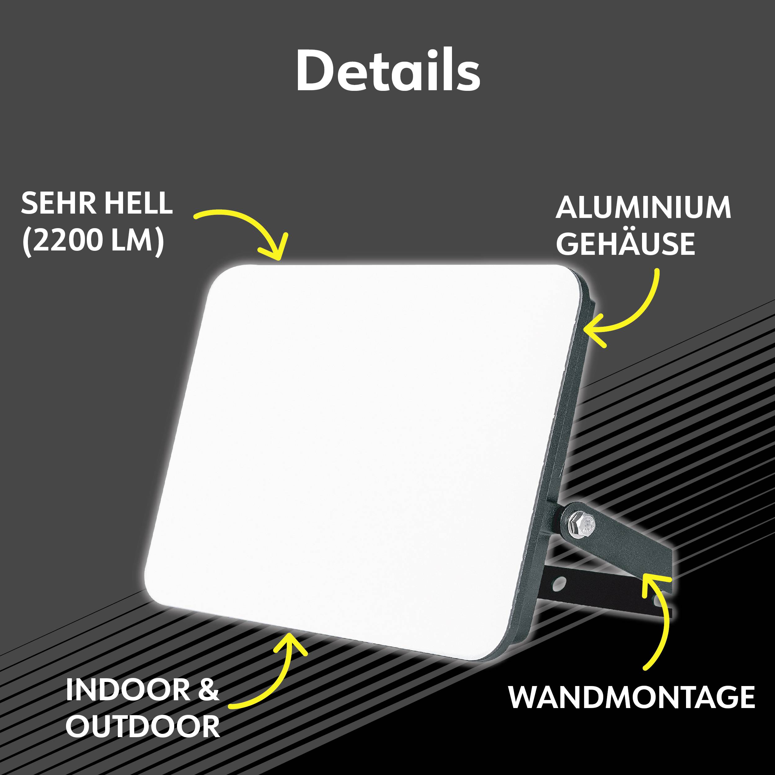 Square, very bright lamp (2200 lumens) with aluminium housing for wall mounting, suitable for indoor and outdoor use.