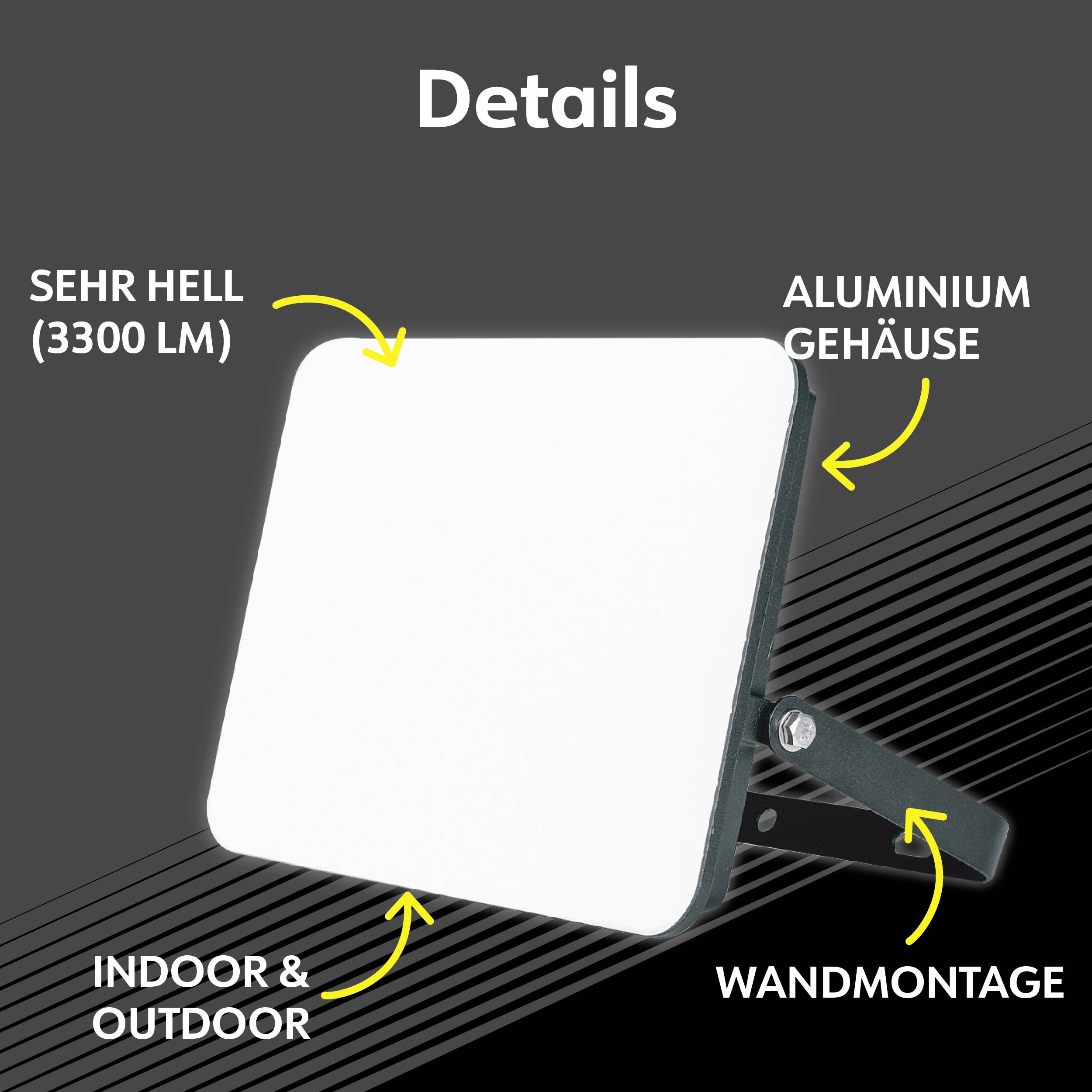 A rectangular, very bright LED floodlight (3300 lumens) with an aluminium housing, suitable for indoor and outdoor wall mounting.