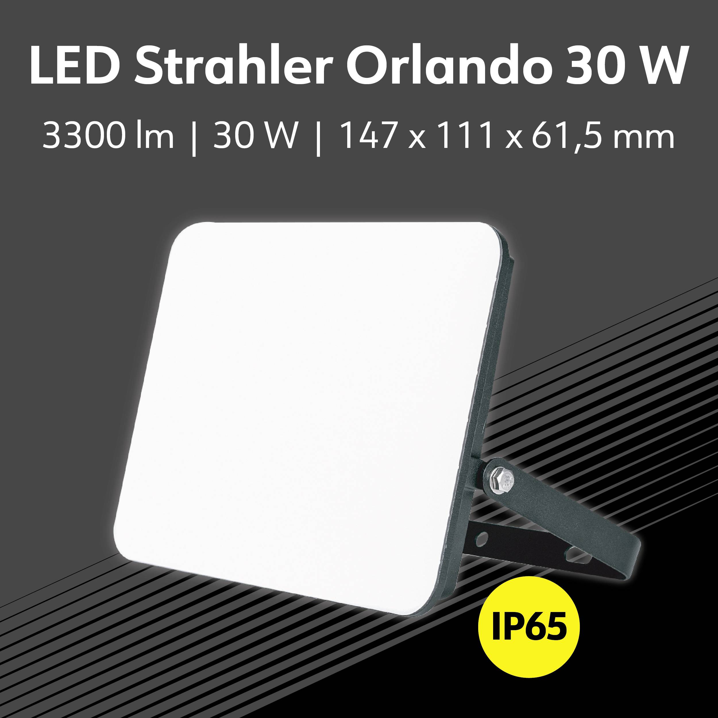 LED Floodlight Orlando 30 W in rectangular shape, measuring 147 x 111 x 61.5 mm, 3300 lumens, compliant with IP65 standard.
