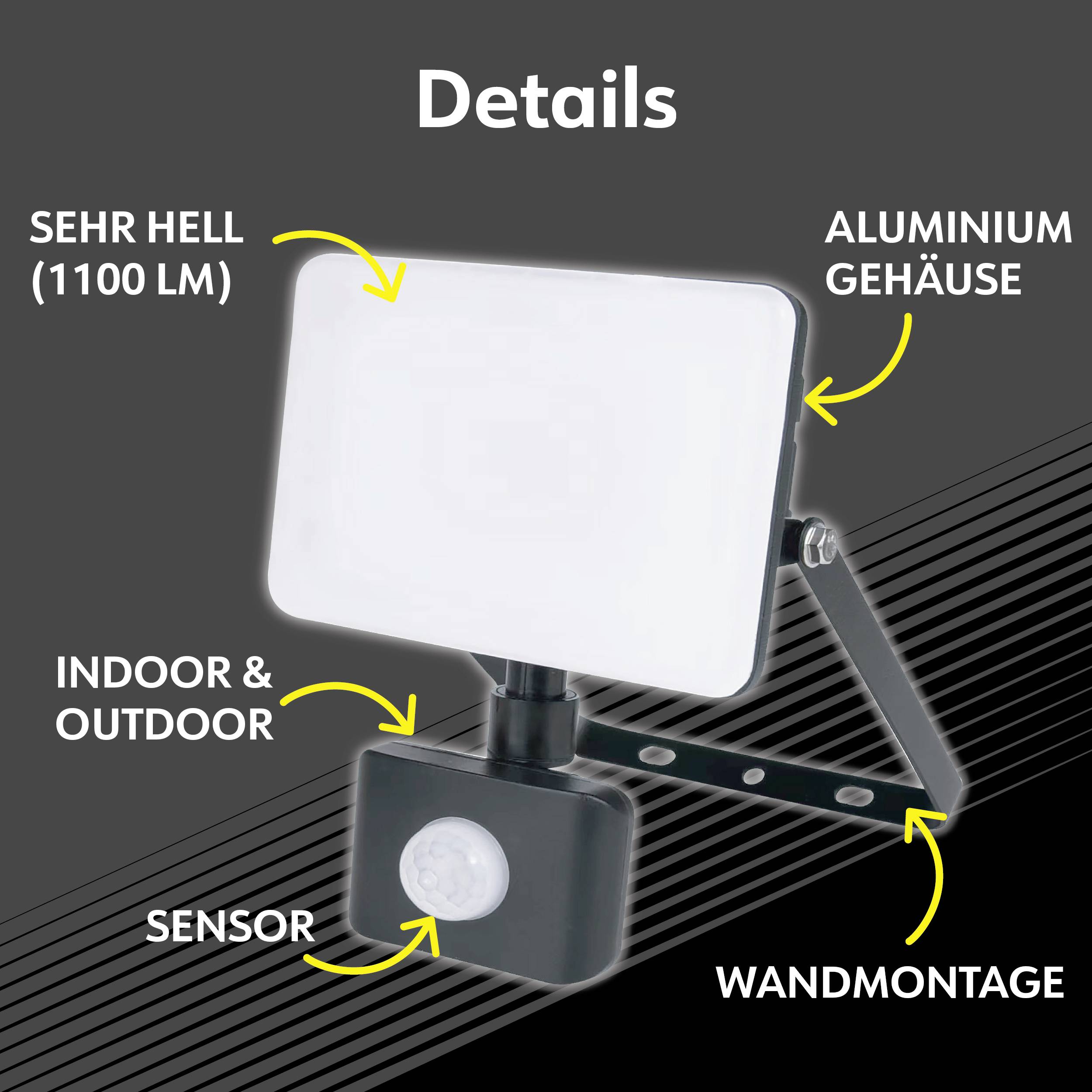'Details': LED floodlight with aluminium housing, extremely bright (1100 lumens), suitable for indoor and outdoor use, with sensor, wall-mounted.