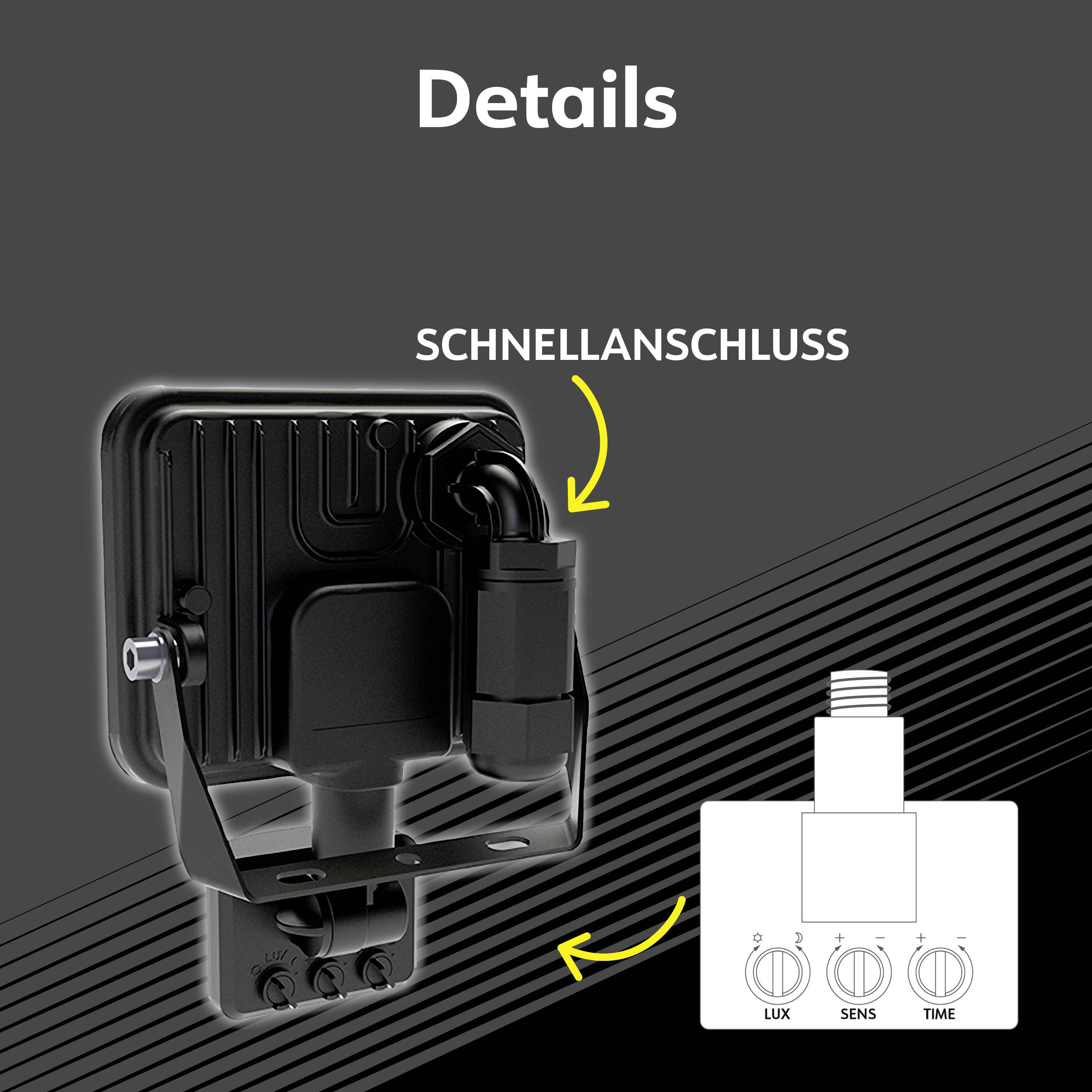 Black spotlight with quick-release mount and adjustment buttons for 'LUX', 'SENS' and 'TIME'.