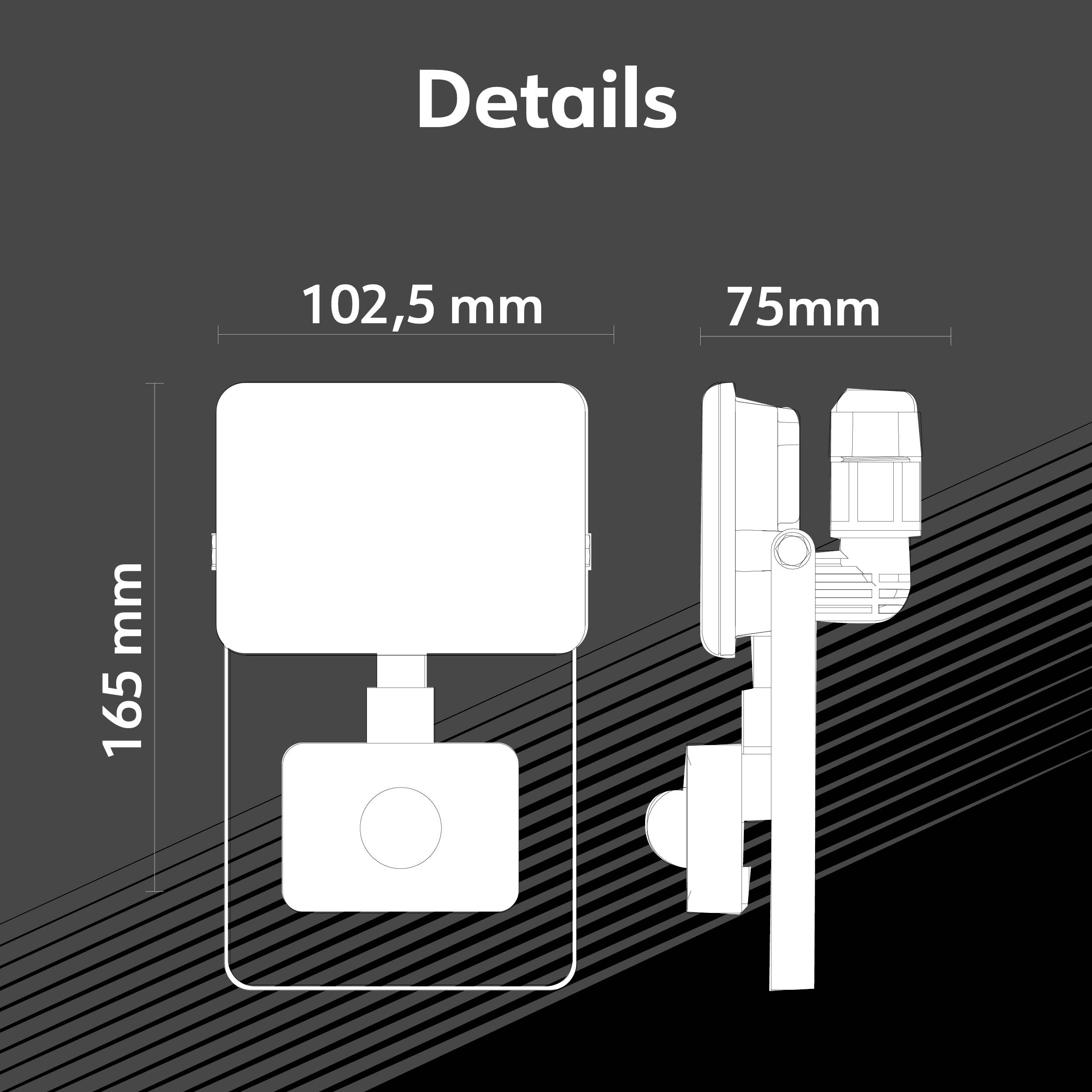 'Details' shows the dimensions of two devices: 102.5 mm x 165 mm in the front view and 75 mm in the side view.