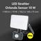 LED floodlight with 10 W, sensor, 1100 lumens, size 102.5 x 165 x 75 mm, IP44, on black background.