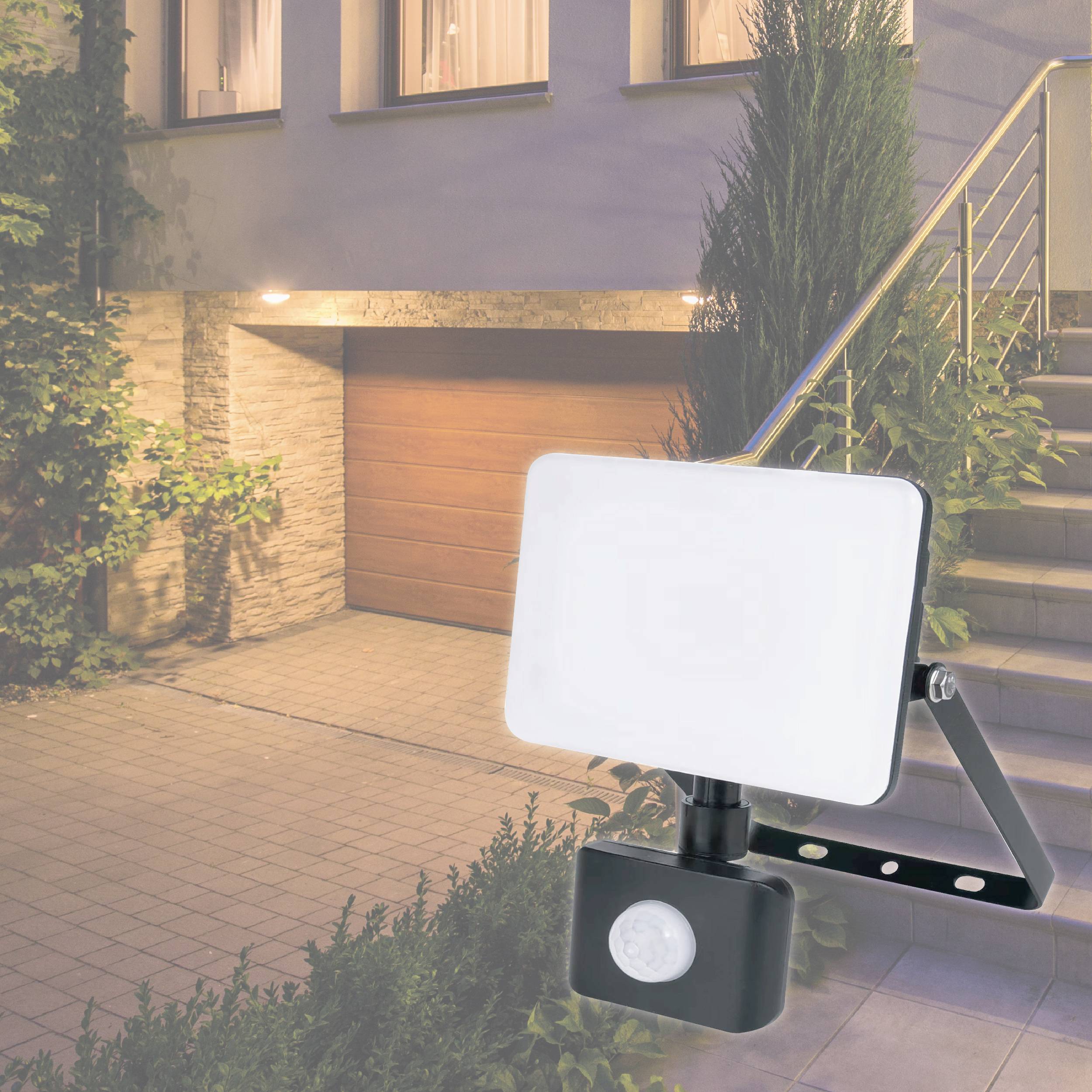 A motion sensor light with flood lighting is installed on a house facade. Steps and plants can be seen in the background.