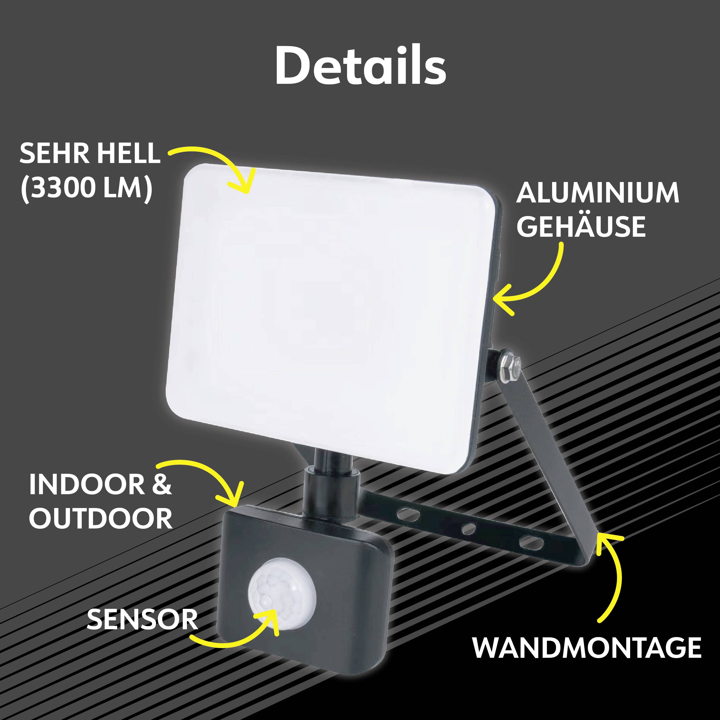 Floodlight with aluminium housing, extremely bright (3300 lumens), suitable for indoor and outdoor use, including sensor, designed for wall mounting.
