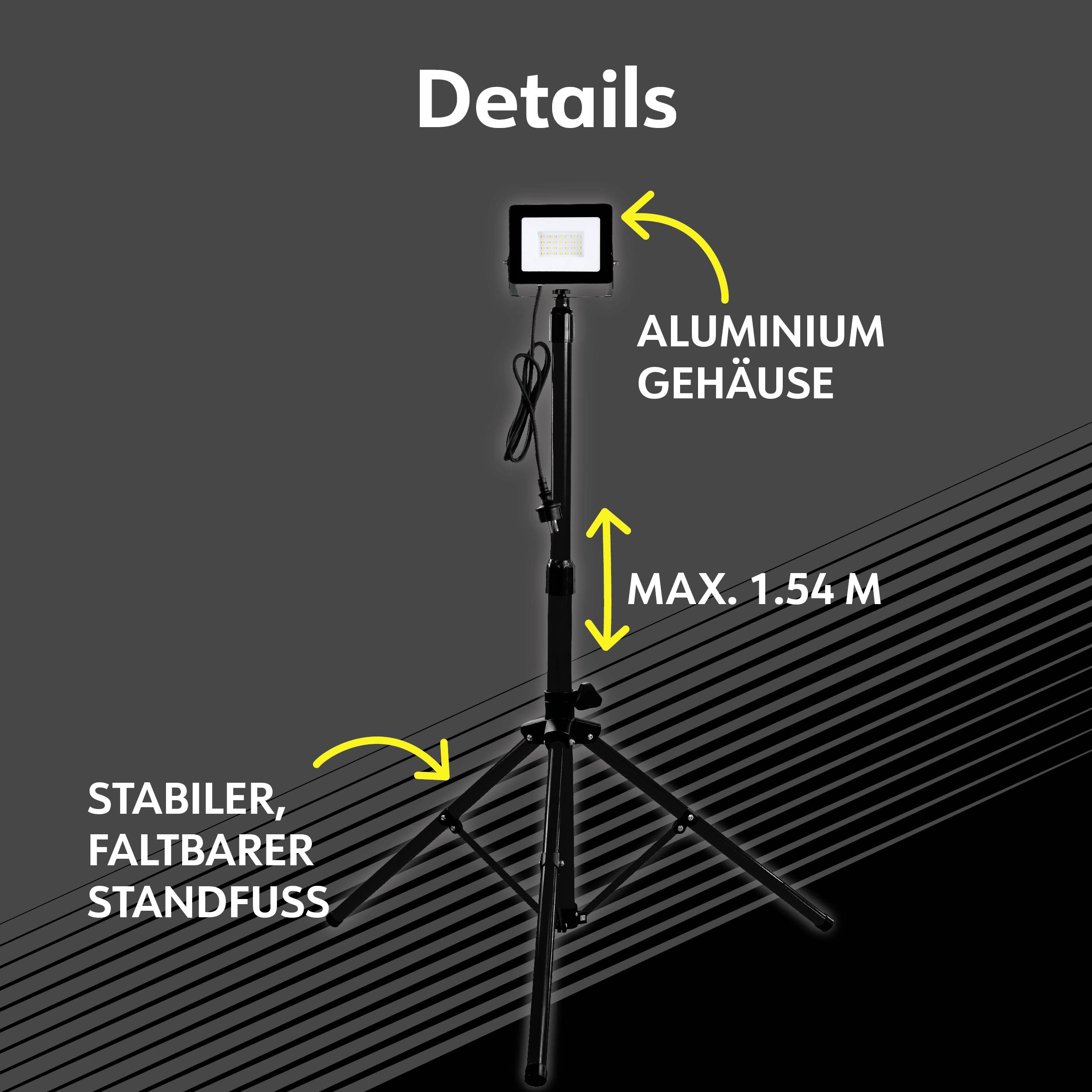 A tripod with a sturdy, folding base; max. height 1.54 m; aluminium casing; black background.