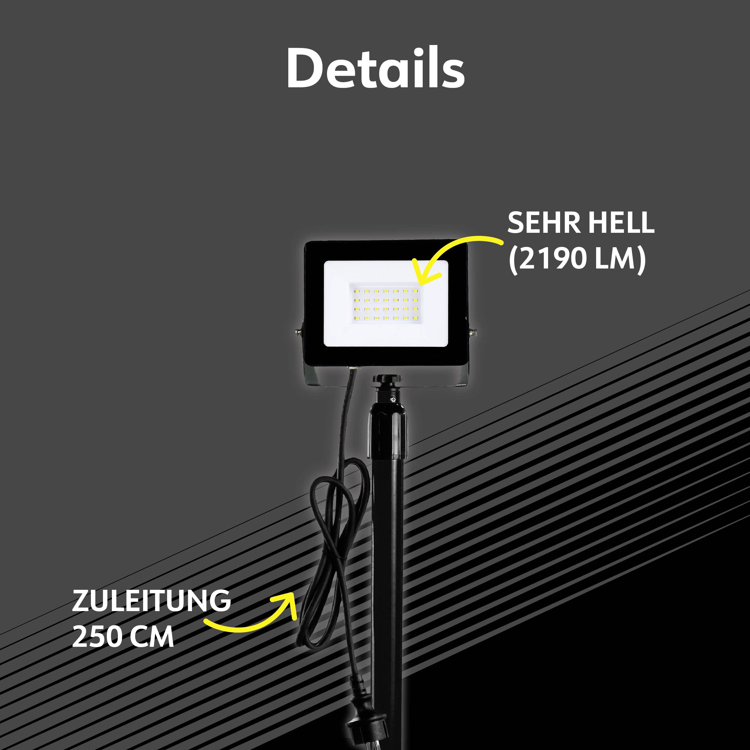 Spotlight on stand, with indication 'Very bright (2190 lm)' and 'Power cord 250 cm'.