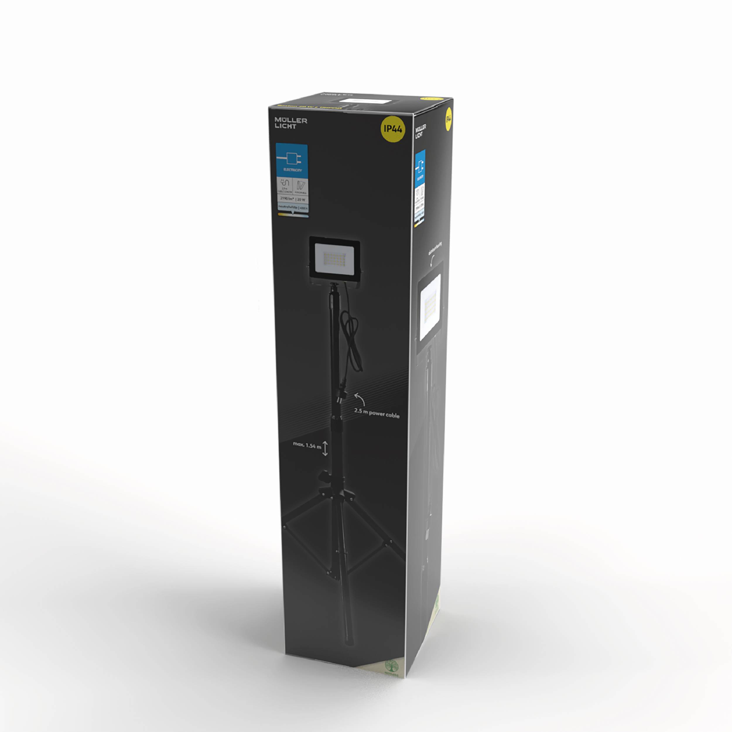 A packaging with a construction spotlight mounted on a tripod. 'IP44' is written at the top. The box displays the product image and specifications.