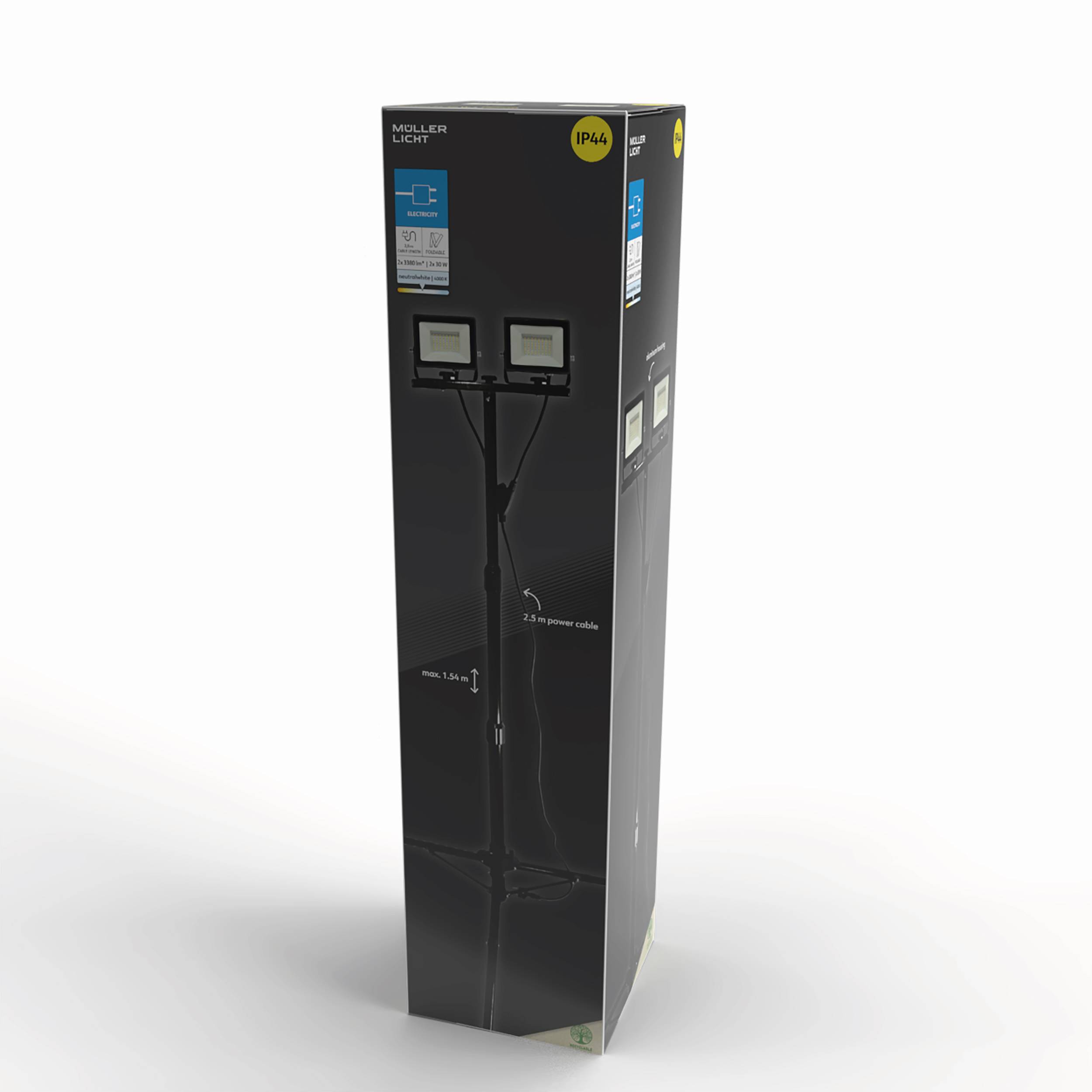 A packaging with the inscription 'Müller Licht' shows two LED spotlights on a stand. Text: 'IP44', '2.5 m', '3000 lm'.