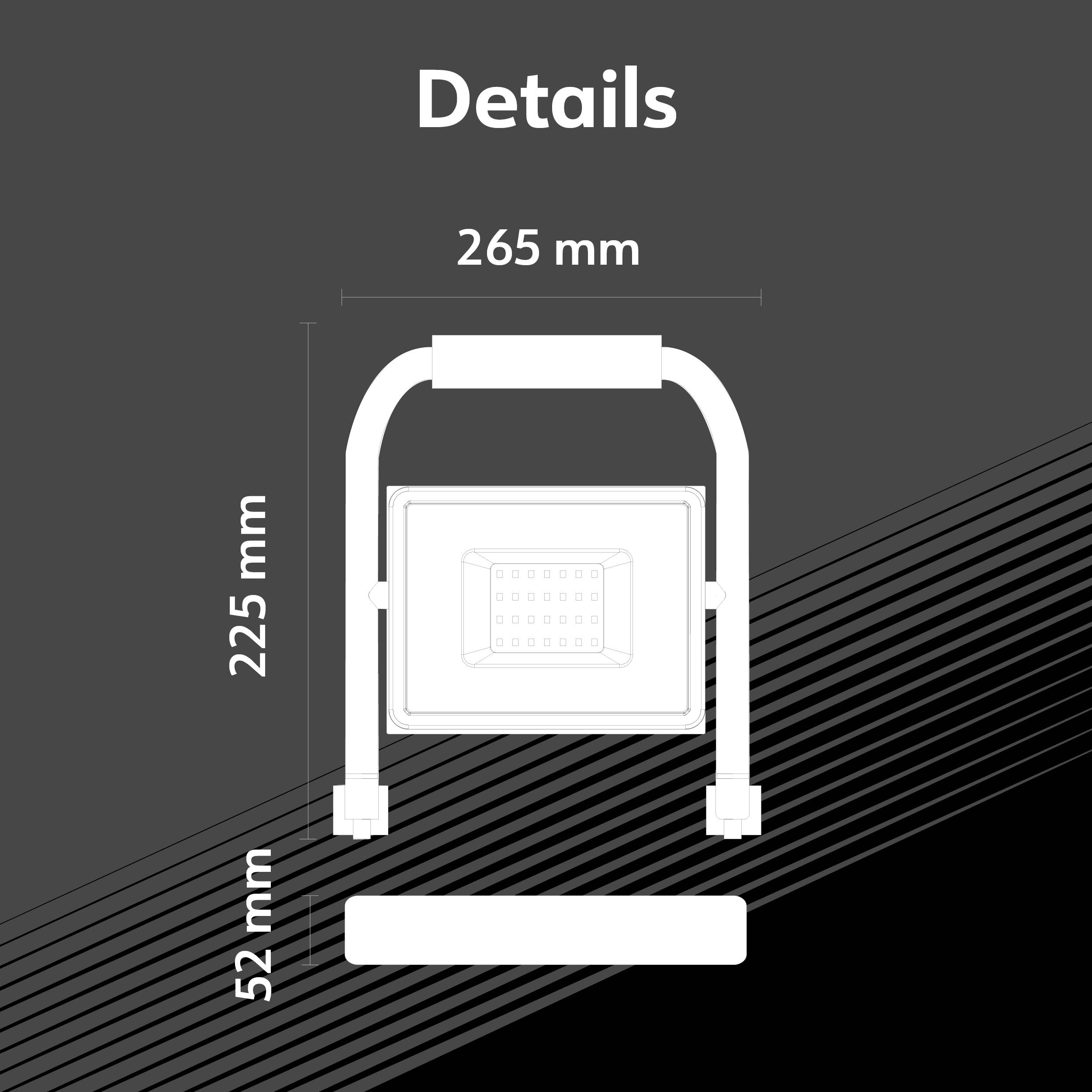 'Details' shows a rectangular headlight. Dimensions: 265 mm width, 225 mm height, 52 mm base height. Sketch on a grey background.