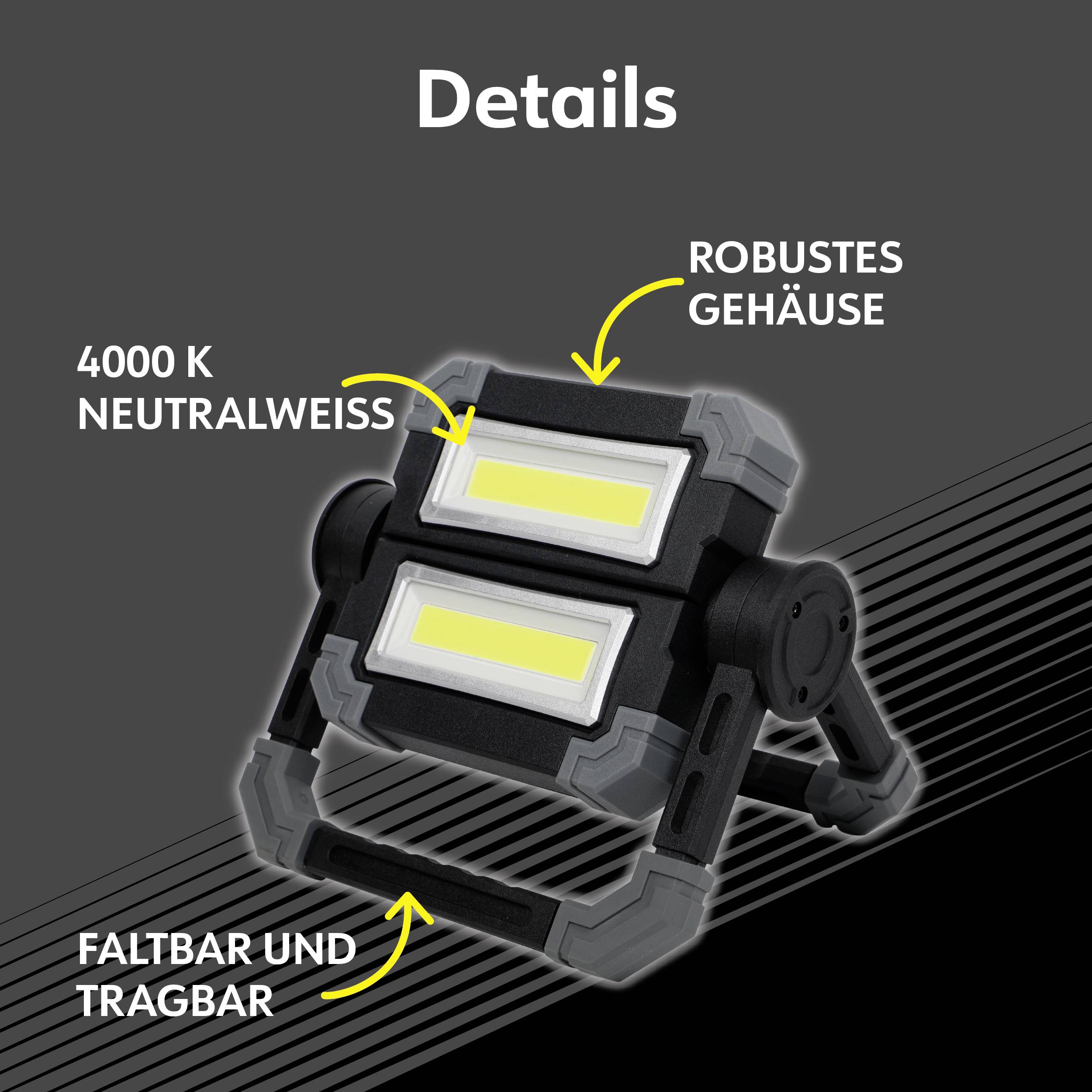 Foldable, portable LED floodlight with 4000 K neutral white, robust housing, ideal for flexible lighting.