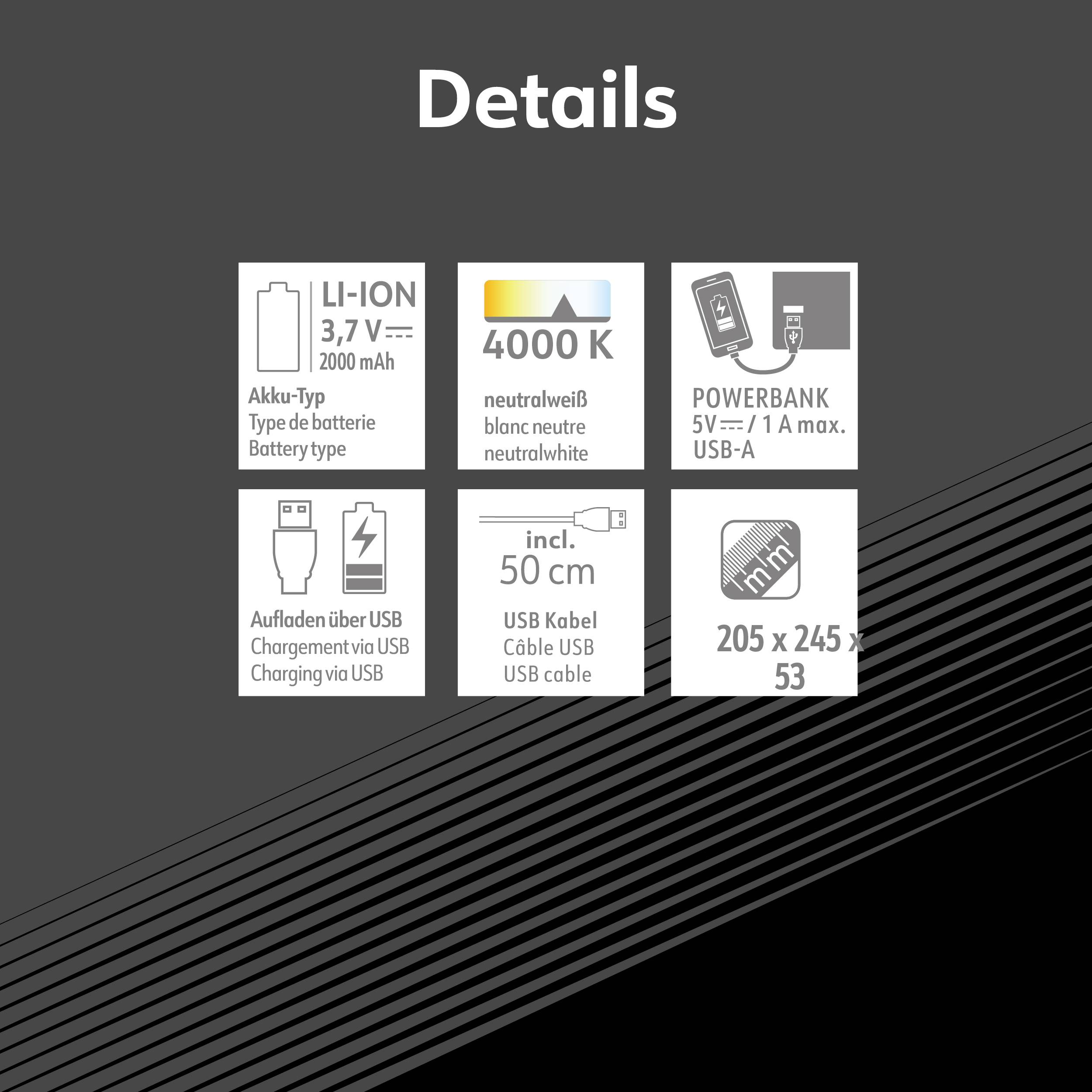 'Details' shows six features of the product: battery type, colour temperature, power bank output, USB charging, size, and product dimensions.