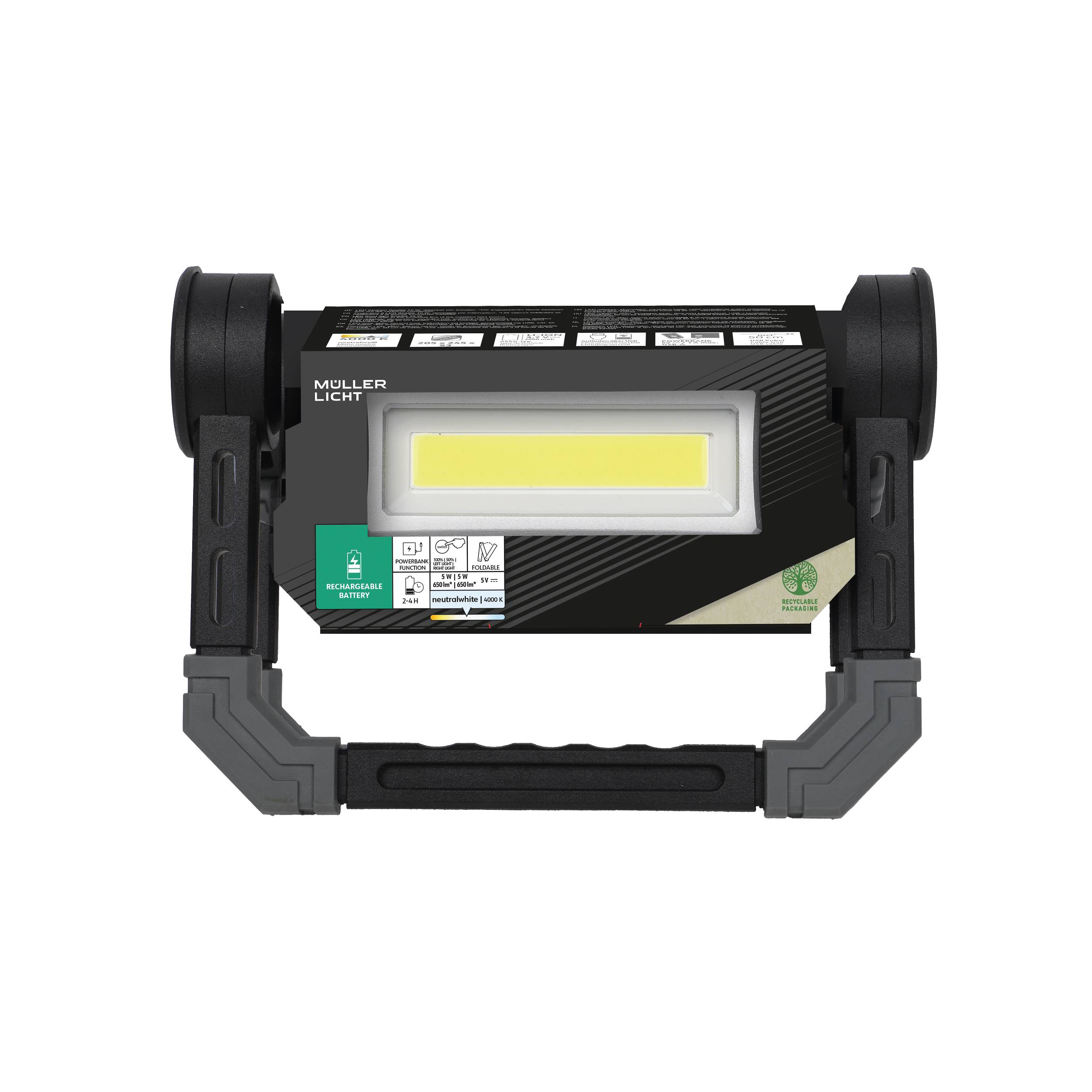 LED work light with robust housing and carry handle. Packaging displays brand name and specifications. Ideal for construction sites.