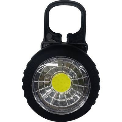 Portable LED lamp with carry handle, suitable for outdoor activities or as a camping light. Round design with black casing.