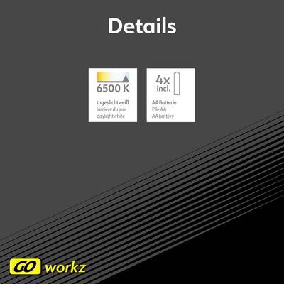 'Details': Colour temperature 6500 K, neutral white; requires 4 AA batteries. Black background with GO workz logo in the bottom left.