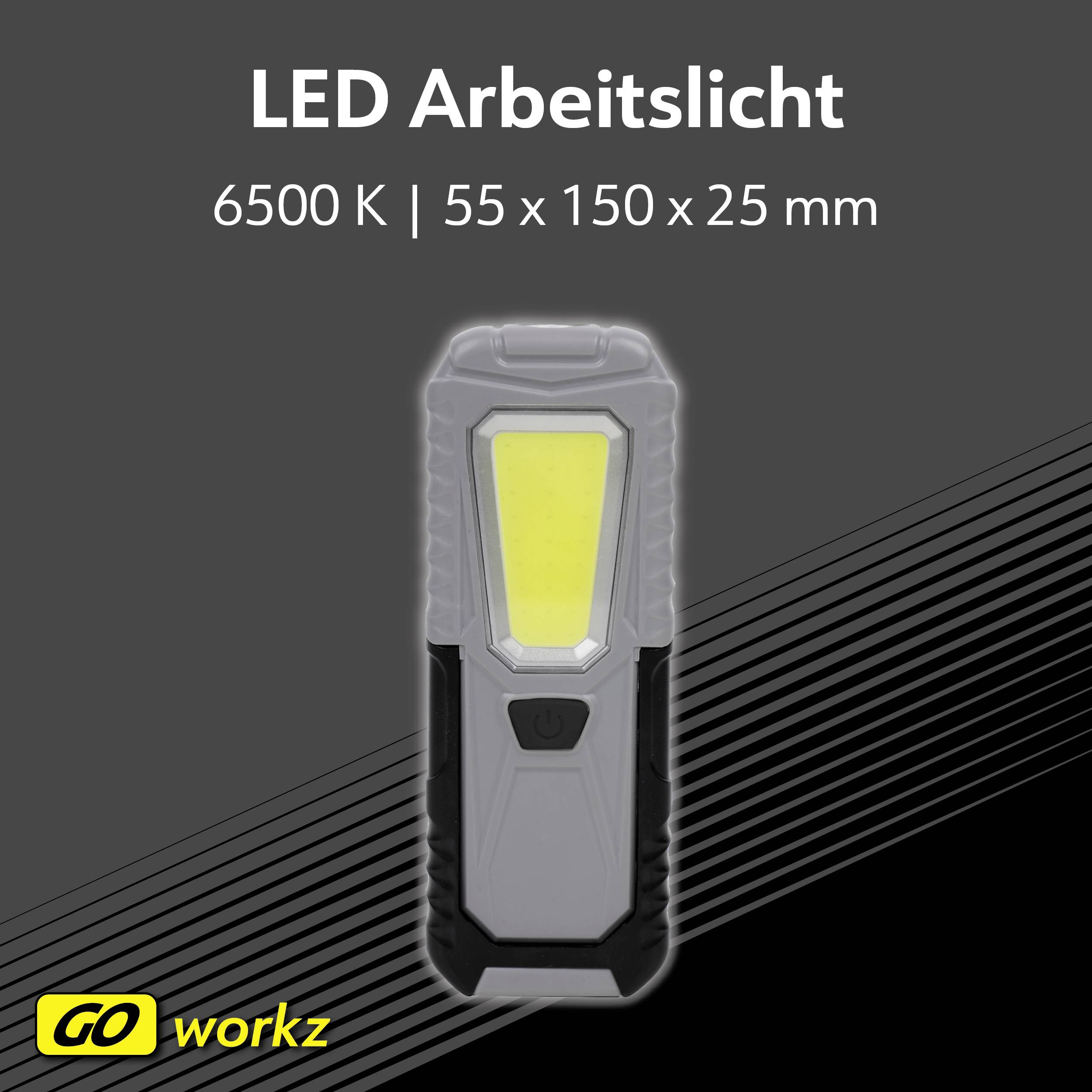 LED work light with 6500 K, dimensions: 55 x 150 x 25 mm, from the brand 'GO workz'.