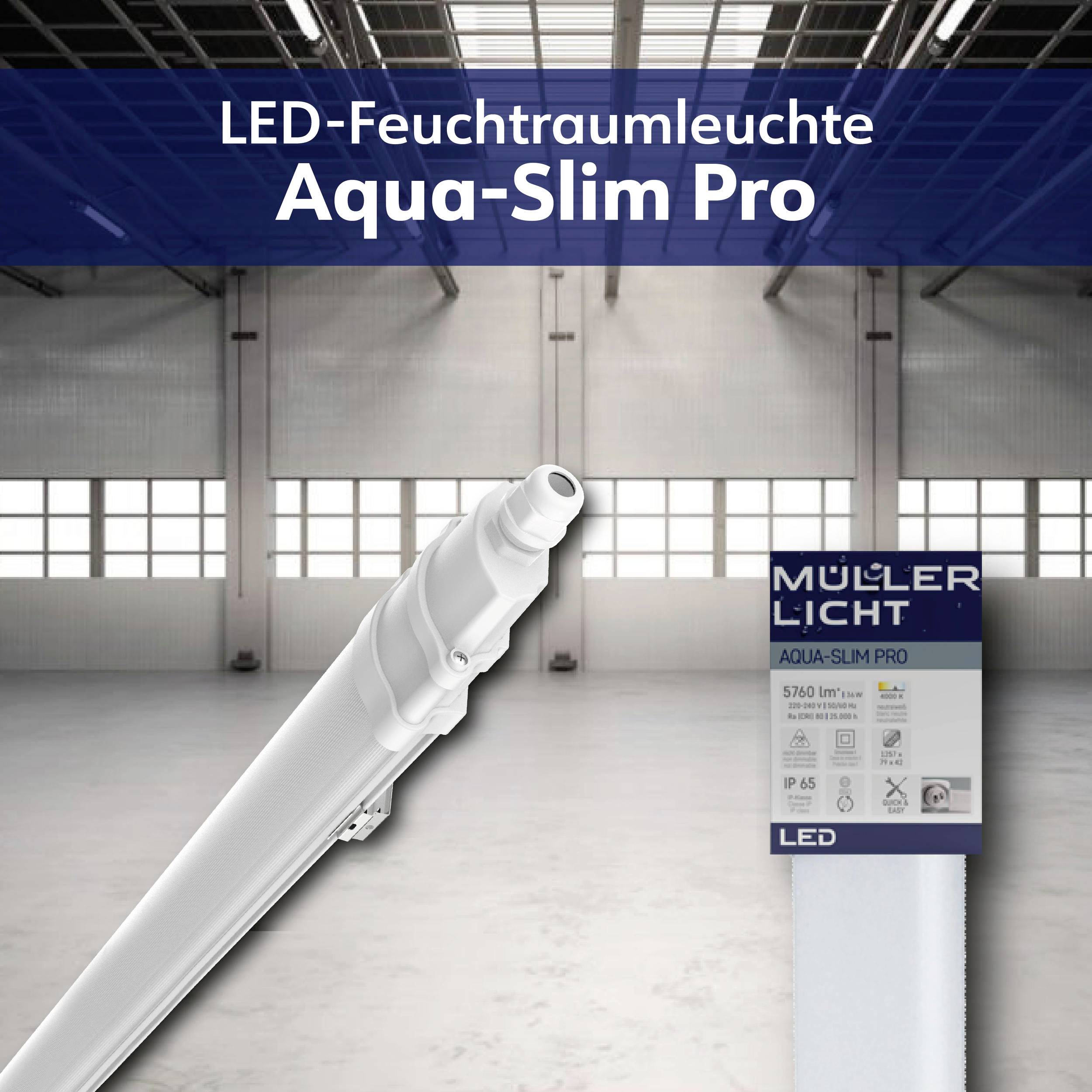 LED Moisture-Proof Light 'Aqua-Slim Pro' by Müller Licht. Suitable for large spaces, as shown by the light fitting and packaging.