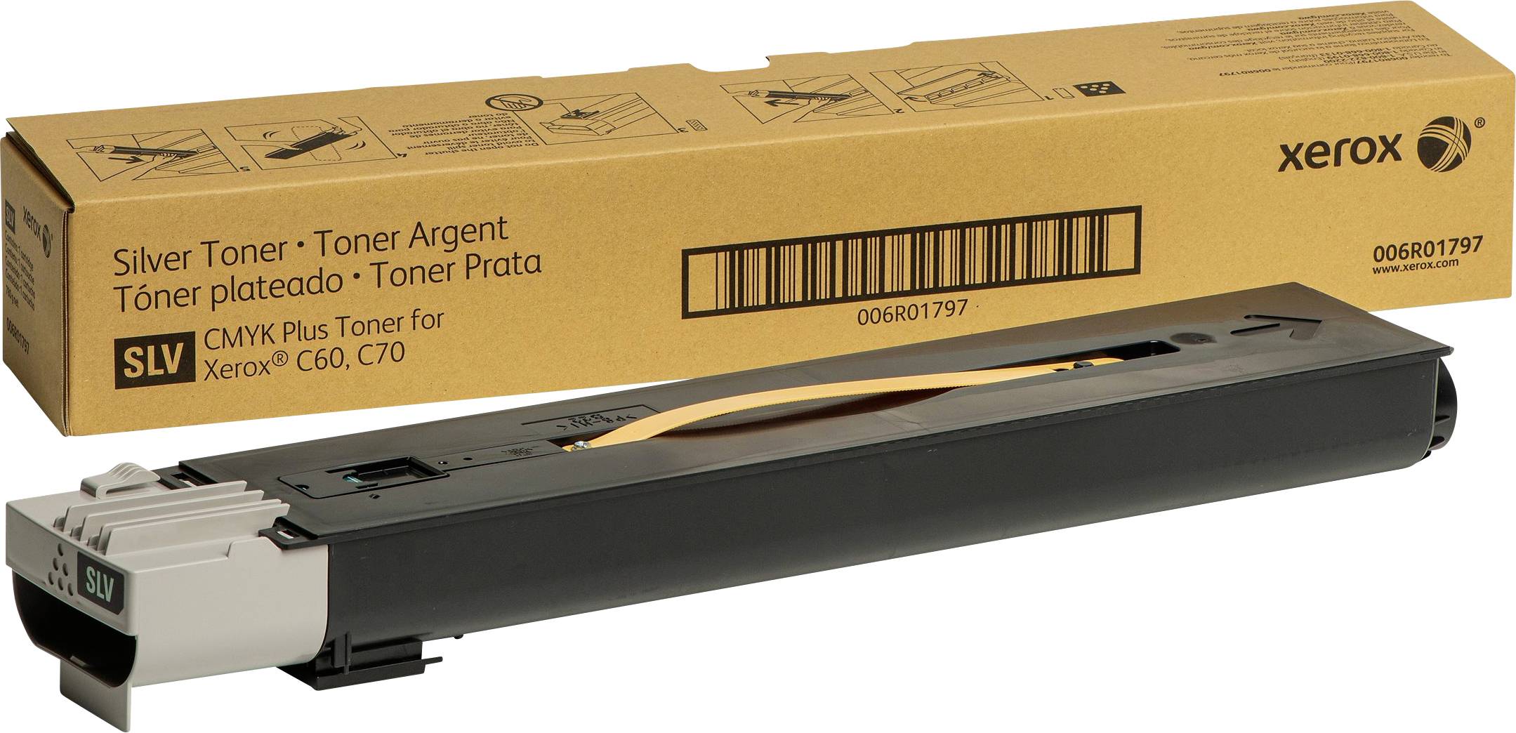 Silver toner cartridge by Xerox with packaging. Compatible with models C60, C70. Product number: 006R01797.