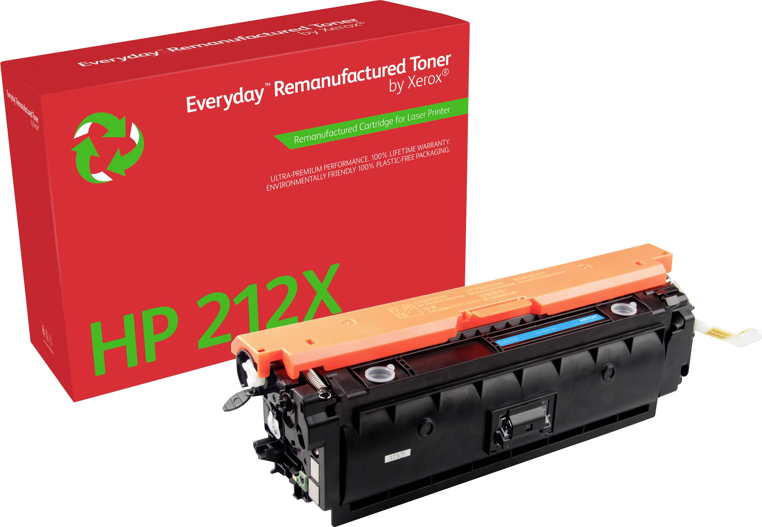 An original, remanufactured Xerox toner cartridge HP 212X with a red package and recycling symbol, demonstrating high environmental friendliness.